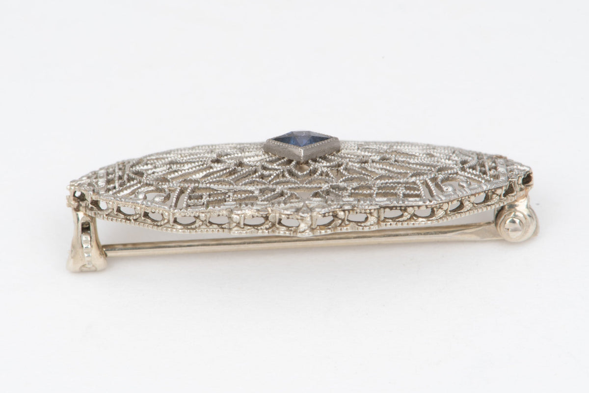14K White Gold Vintage Art Deco Sapphire Pin Brooch Antique Filigree V1220
