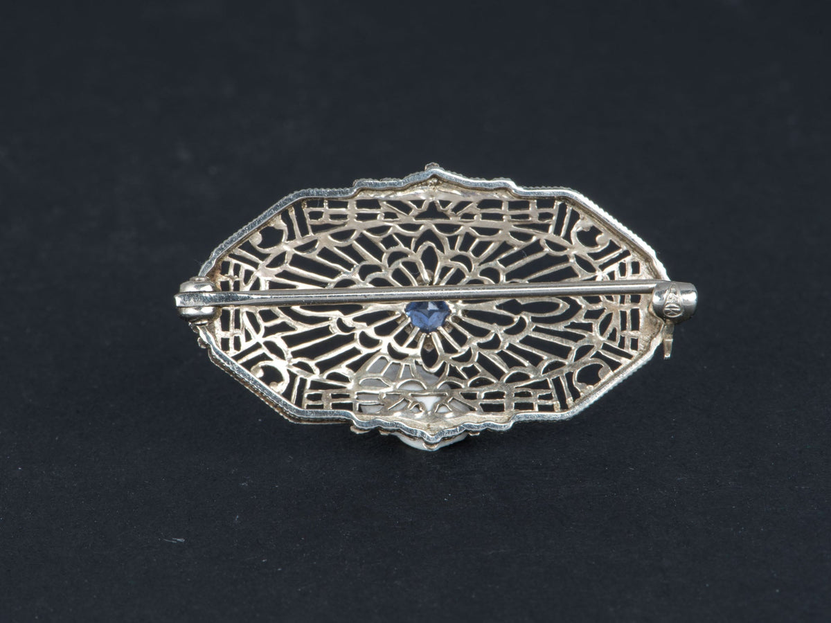 14K White Gold Vintage Art Deco Sapphire Pin Brooch Antique Filigree V1220