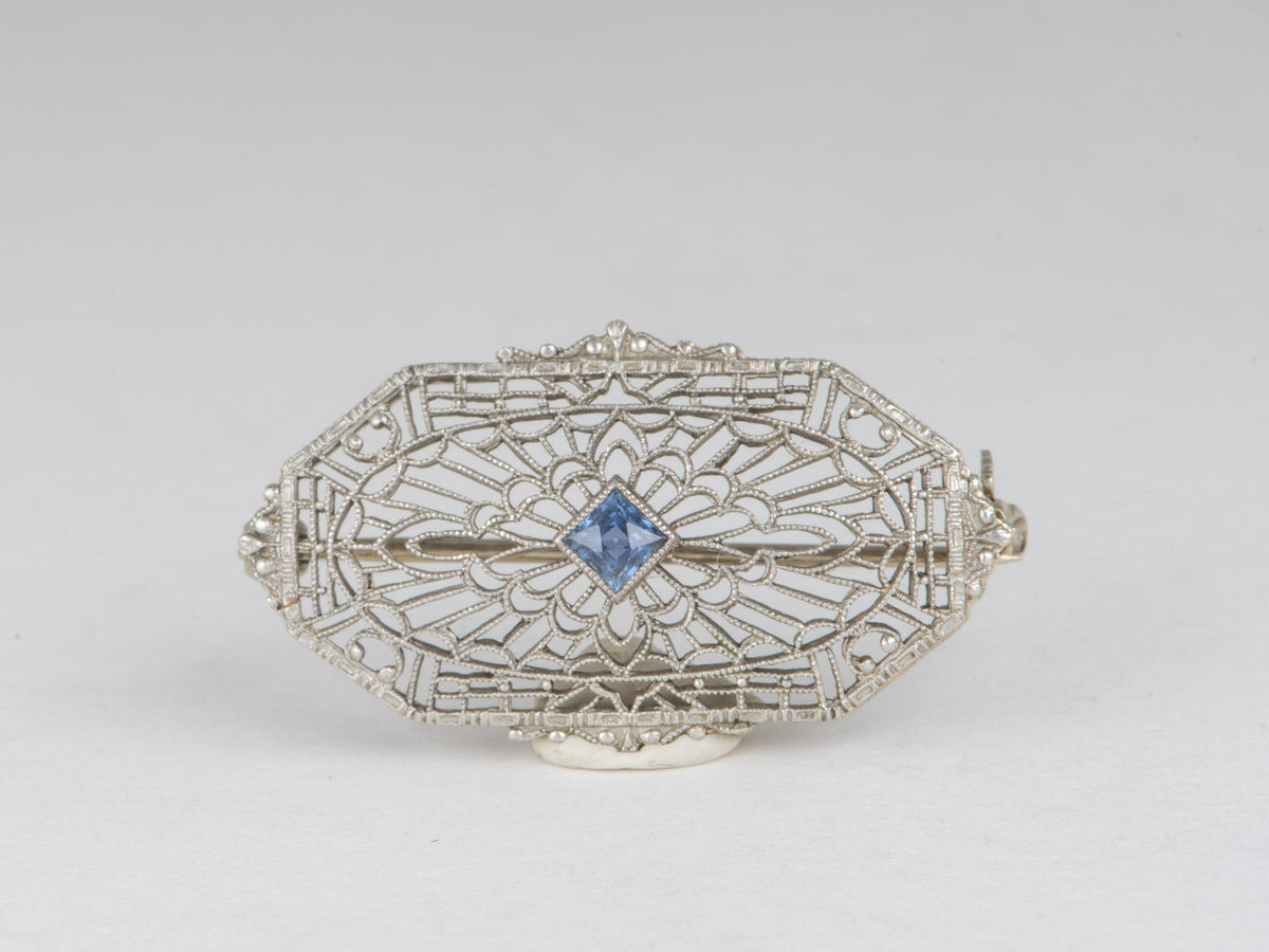 14K White Gold Vintage Art Deco Sapphire Pin Brooch Antique Filigree V1220