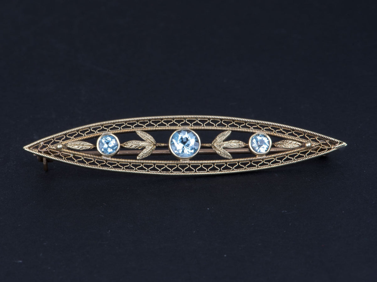 14K Gold Antique Aquamarine Filigree Leaf Bar Pin Brooch Art Nouveau Navette Elongated Shape V1221 Aurora Designer