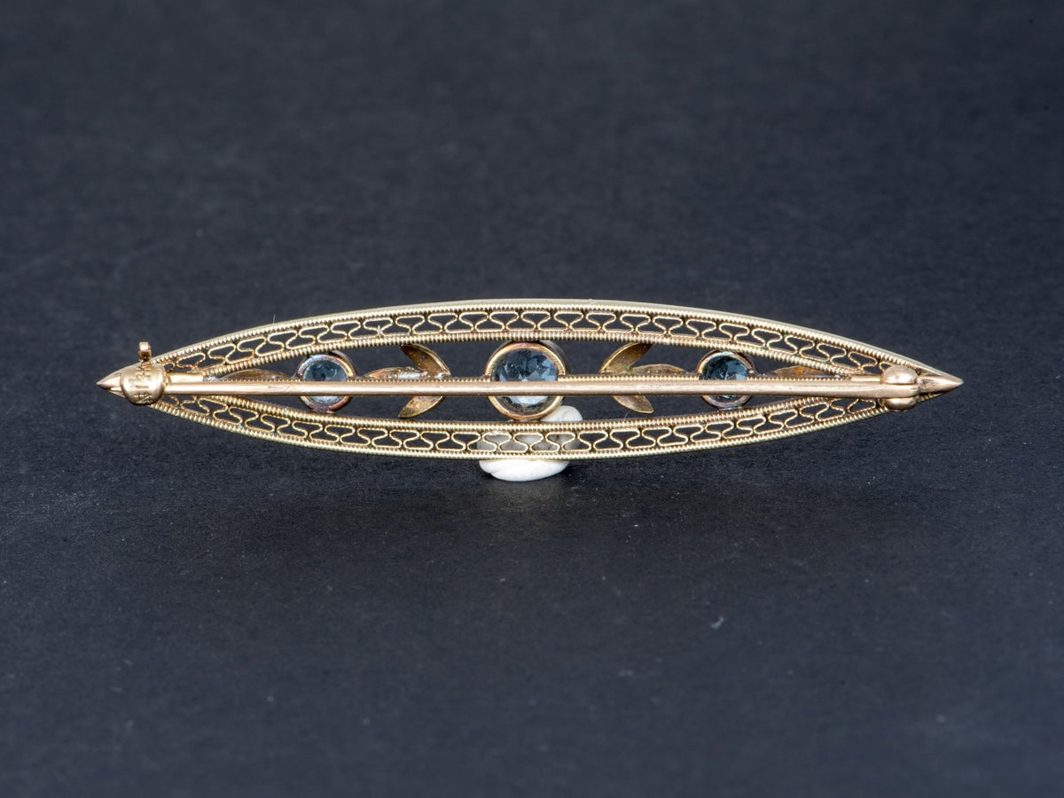 14K Gold Antique Aquamarine Filigree Leaf Bar Pin Brooch Art Nouveau Navette Elongated Shape V1221 Aurora Designer