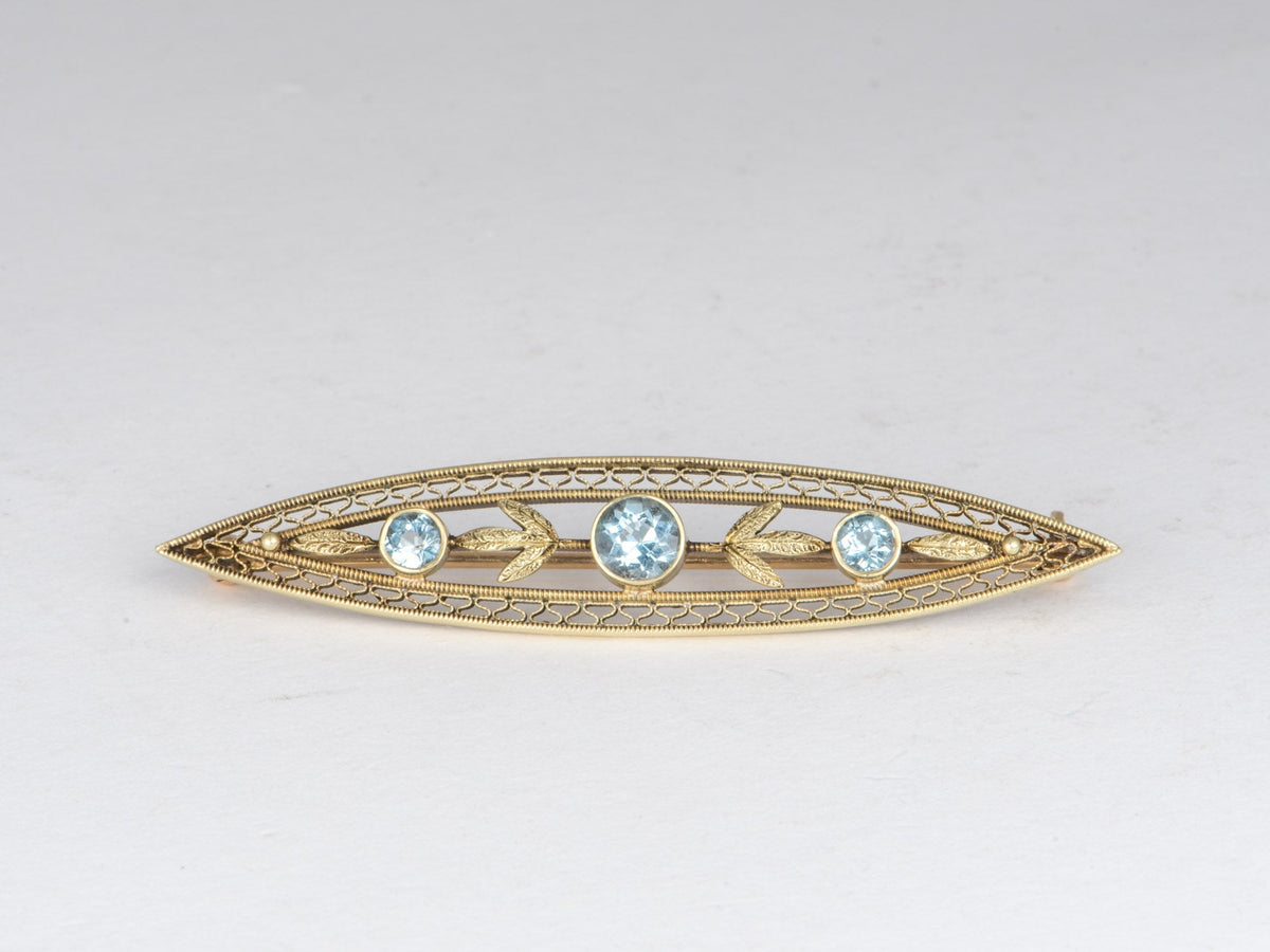 14K Gold Antique Aquamarine Filigree Leaf Bar Pin Brooch Art Nouveau Navette Elongated Shape V1221 Aurora Designer