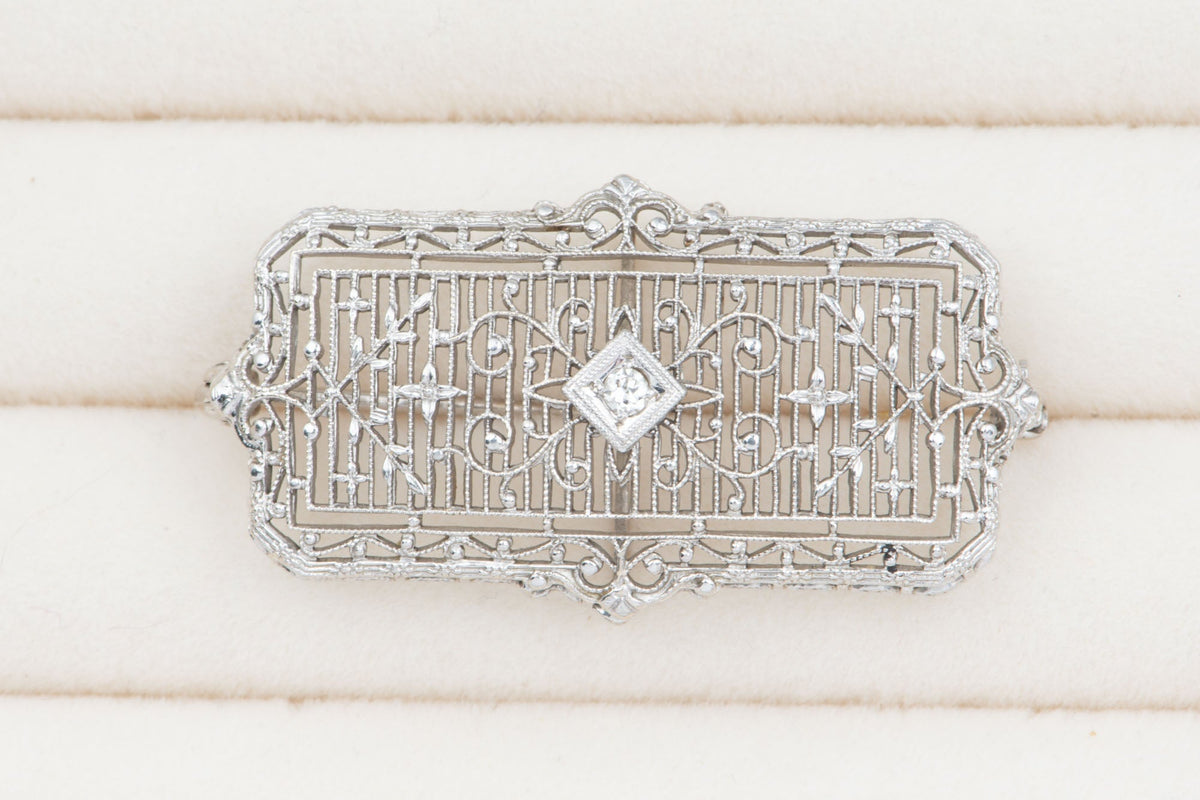 14K White Gold and Platinum Art Deco Pin Filigree Detailed Brooch with Diamond V1222 Aurora Designer