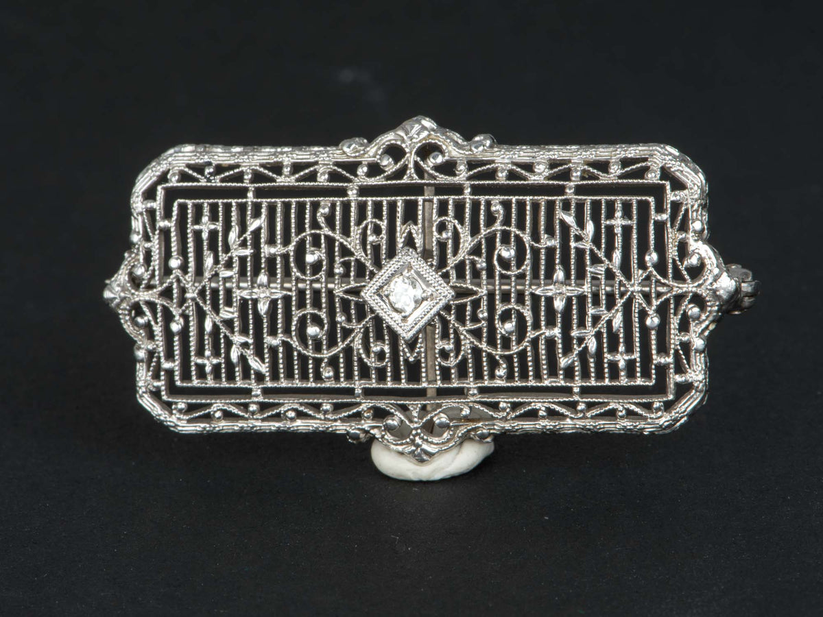 14K White Gold and Platinum Art Deco Pin Filigree Detailed Brooch with Diamond V1222 Aurora Designer
