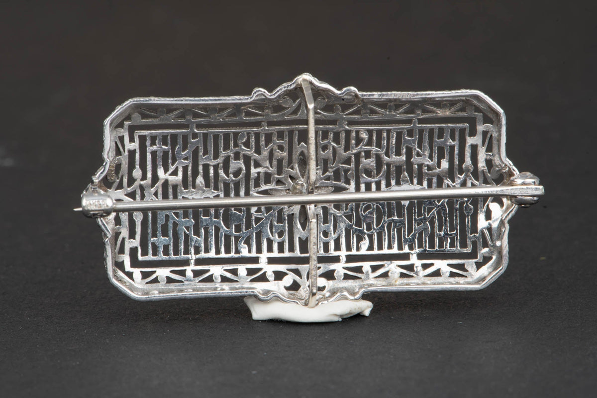 14K White Gold and Platinum Art Deco Pin Filigree Detailed Brooch with Diamond V1222 Aurora Designer