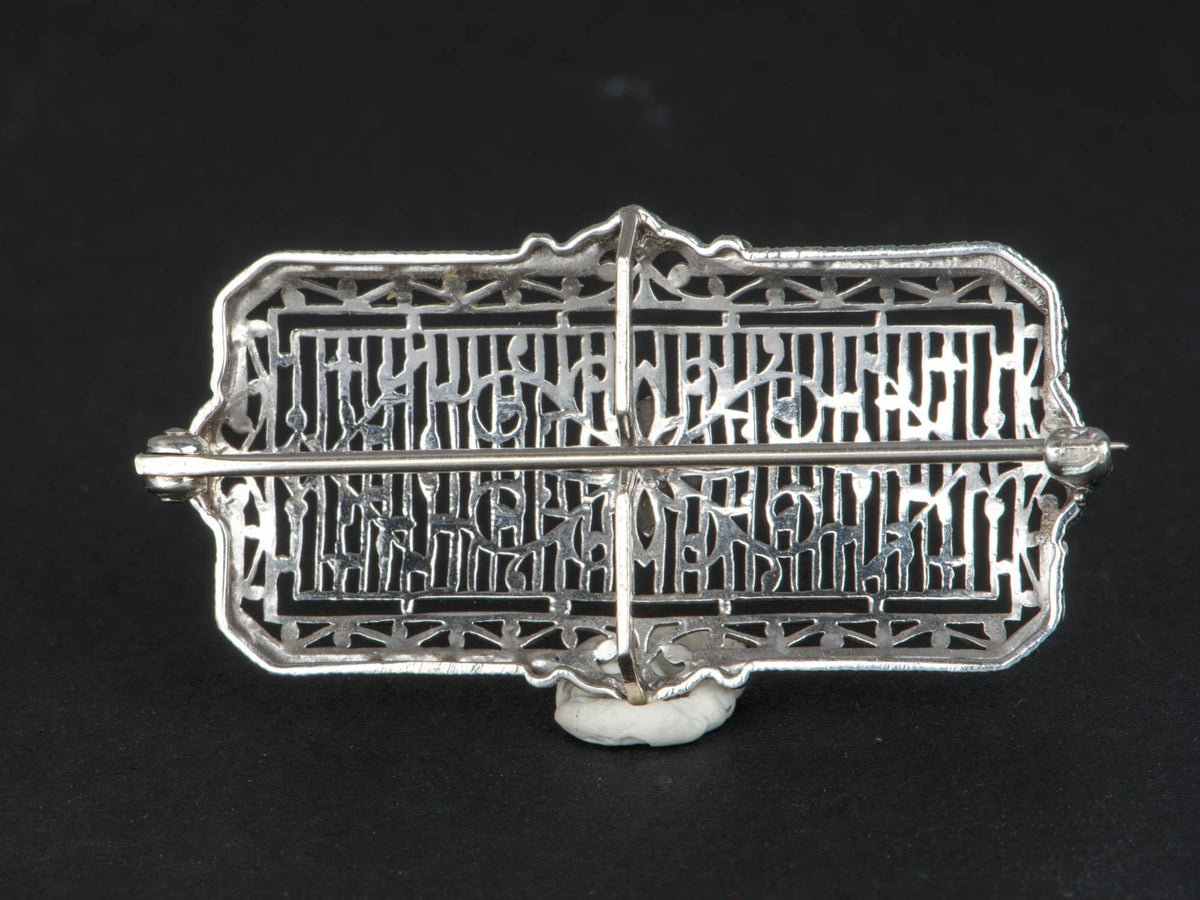 14K White Gold and Platinum Art Deco Pin Filigree Detailed Brooch with Diamond V1222 Aurora Designer