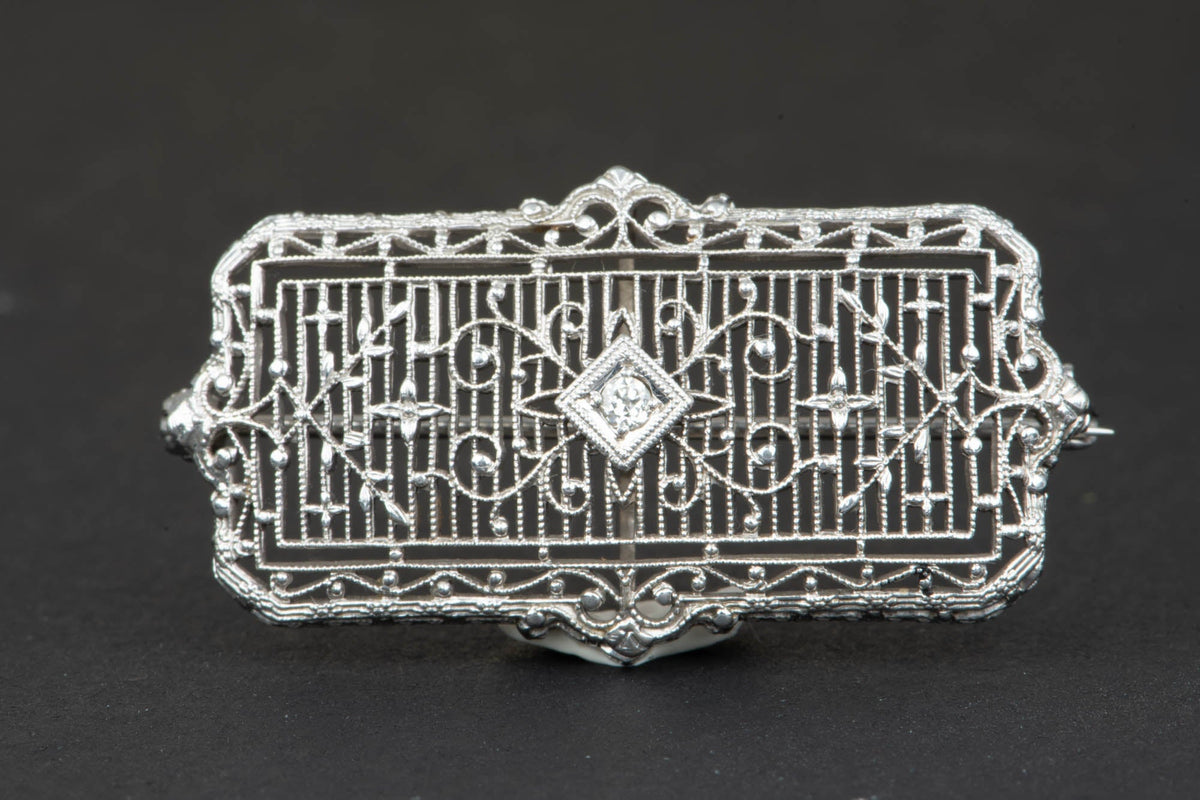 14K White Gold and Platinum Art Deco Pin Filigree Detailed Brooch with Diamond V1222 Aurora Designer