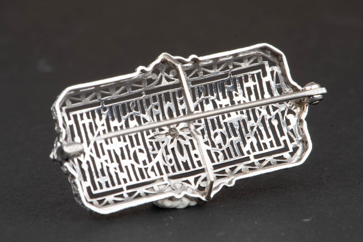 14K White Gold and Platinum Art Deco Pin Filigree Detailed Brooch with Diamond V1222 Aurora Designer