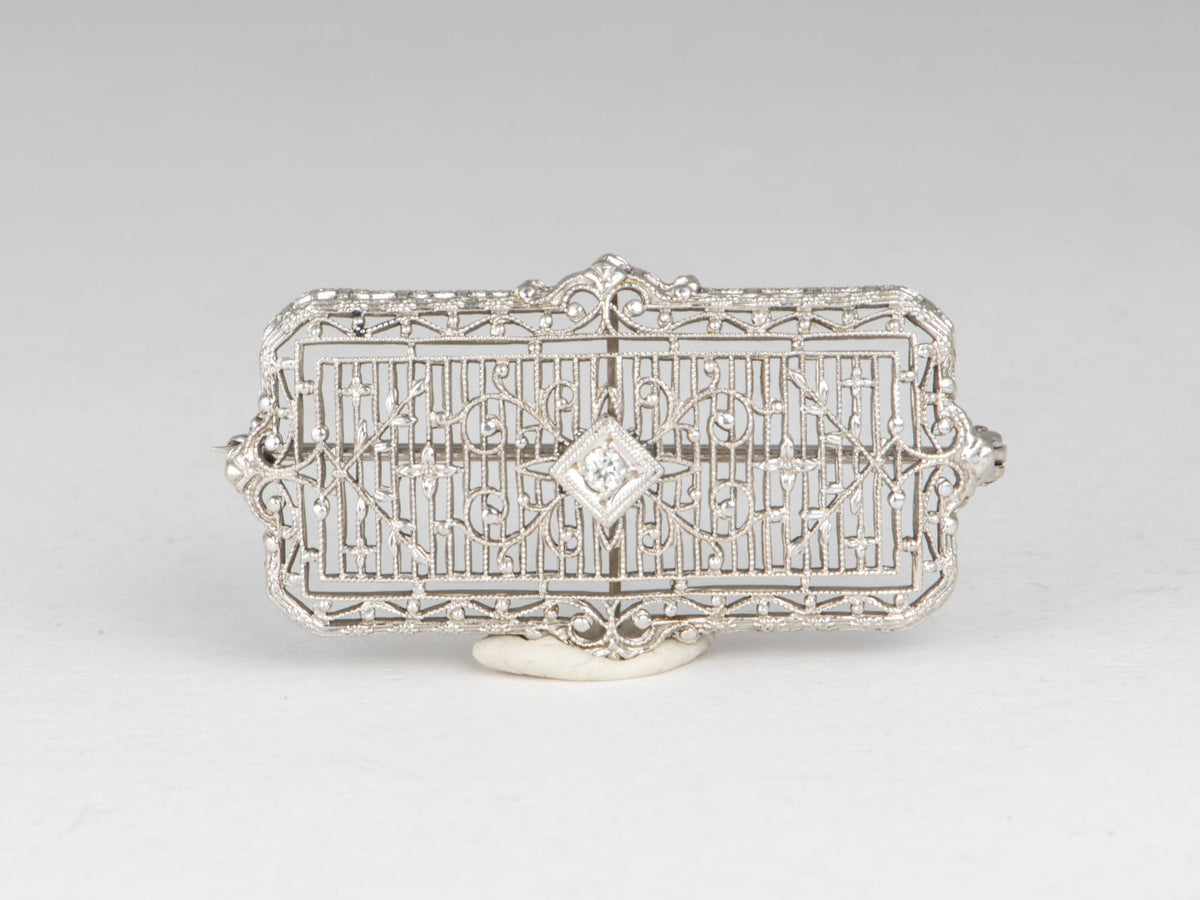 14K White Gold and Platinum Art Deco Pin Filigree Detailed Brooch with Diamond V1222 Aurora Designer