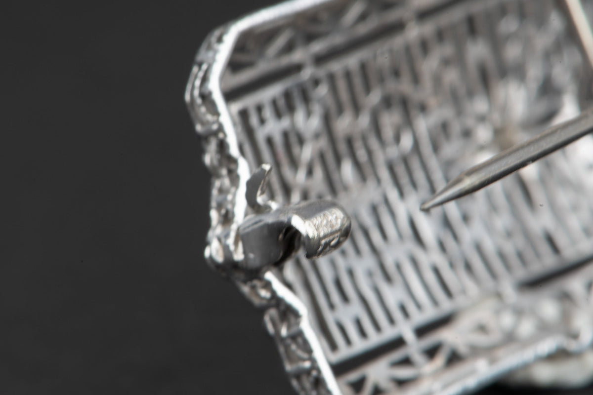 14K White Gold and Platinum Art Deco Pin Filigree Detailed Brooch with Diamond V1222 Aurora Designer