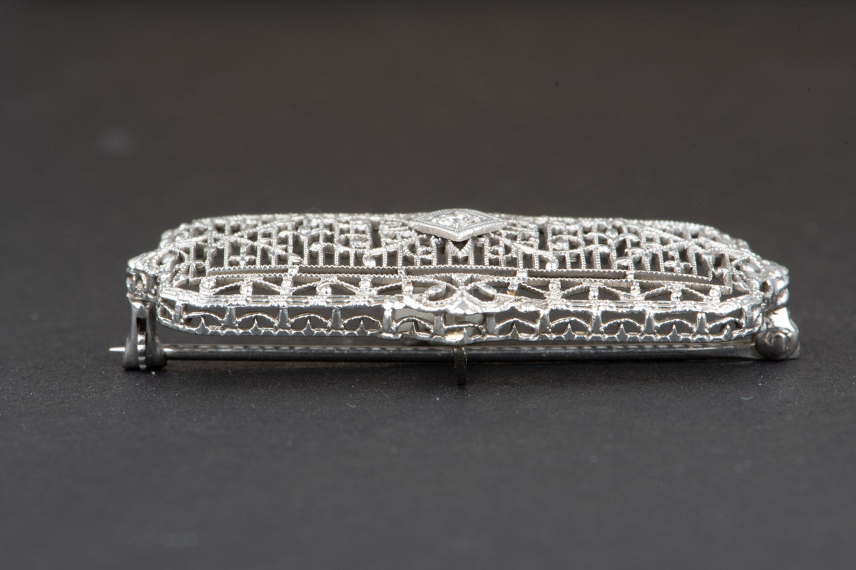 14K White Gold and Platinum Art Deco Pin Filigree Detailed Brooch with Diamond V1222 Aurora Designer