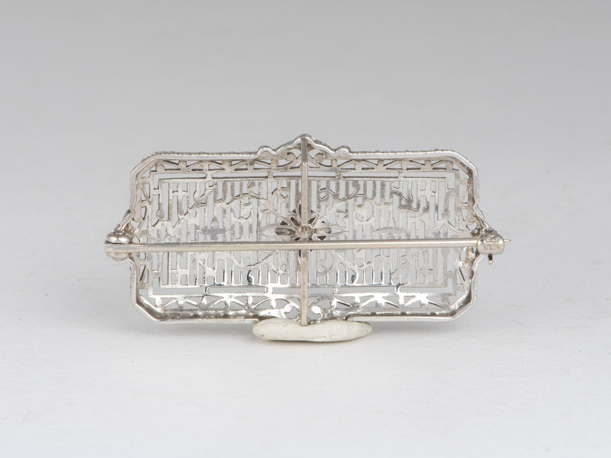 14K White Gold and Platinum Art Deco Pin Filigree Detailed Brooch with Diamond V1222 Aurora Designer