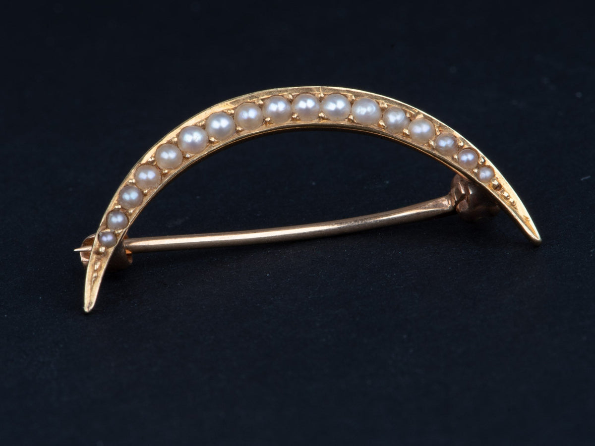 14K Gold Vintage Crescent Moon Pin Brooch with Seed Pearls V1225 Aurora Designer