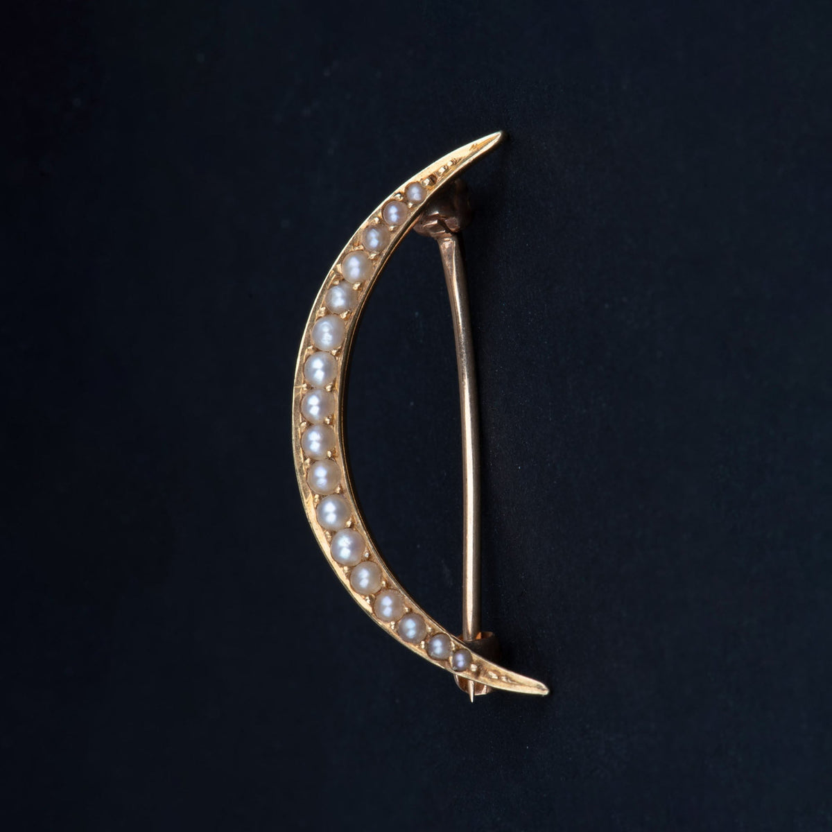 14K Gold Vintage Crescent Moon Pin Brooch with Seed Pearls V1225 Aurora Designer