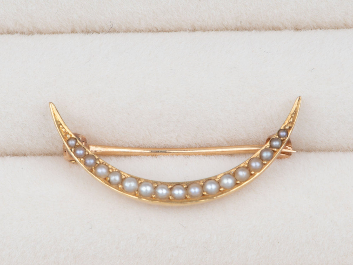 14K Gold Vintage Crescent Moon Pin Brooch with Seed Pearls V1225 Aurora Designer