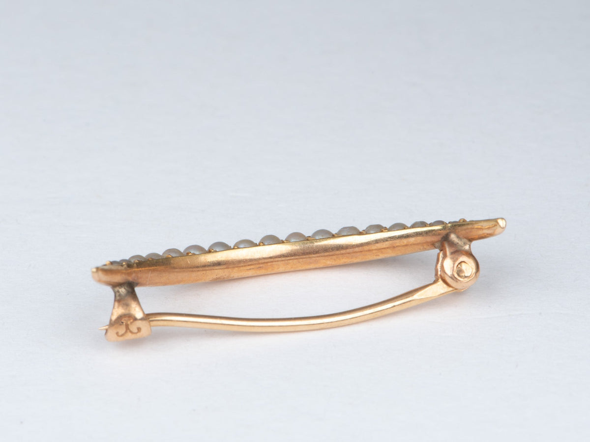 14K Gold Vintage Crescent Moon Pin Brooch with Seed Pearls V1225 Aurora Designer