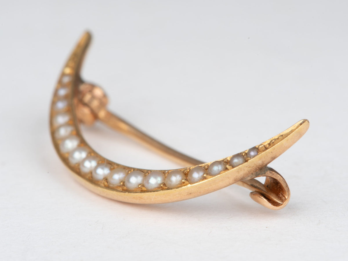 14K Gold Vintage Crescent Moon Pin Brooch with Seed Pearls V1225 Aurora Designer