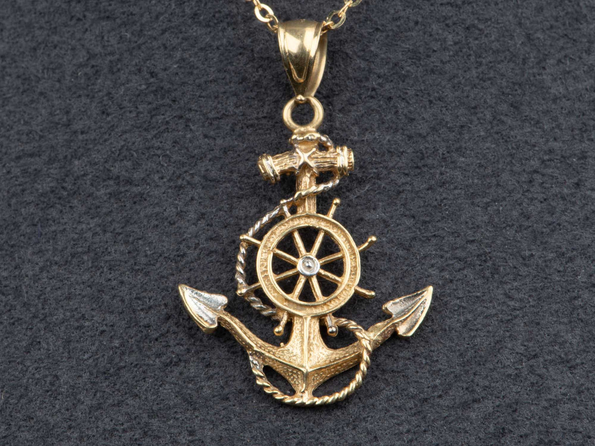 14K Gold Vintage Anchor Ship Wheel Pendant Charm with White Gold Details V1226