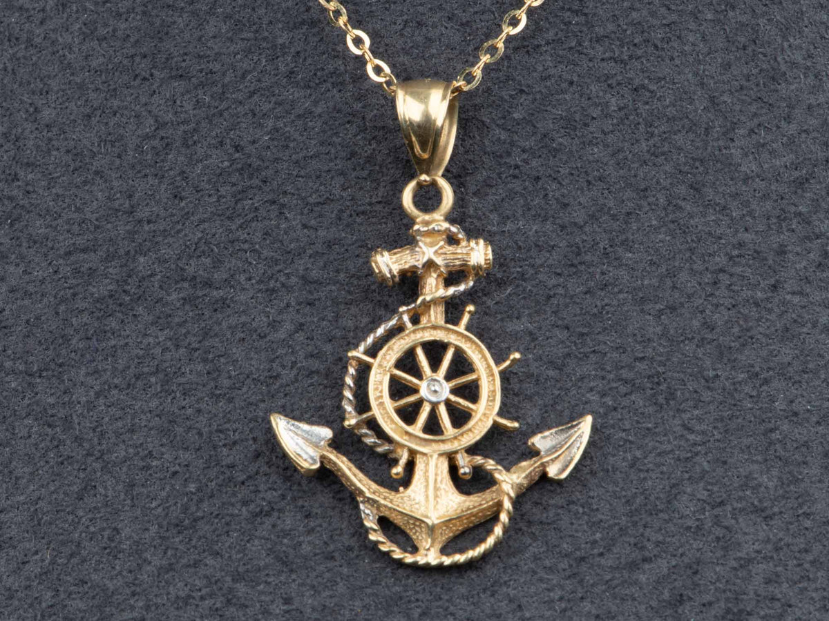 14K Gold Vintage Anchor Ship Wheel Pendant Charm with White Gold Details V1226