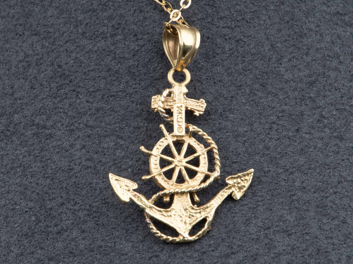 14K Gold Vintage Anchor Ship Wheel Pendant Charm with White Gold Details V1226