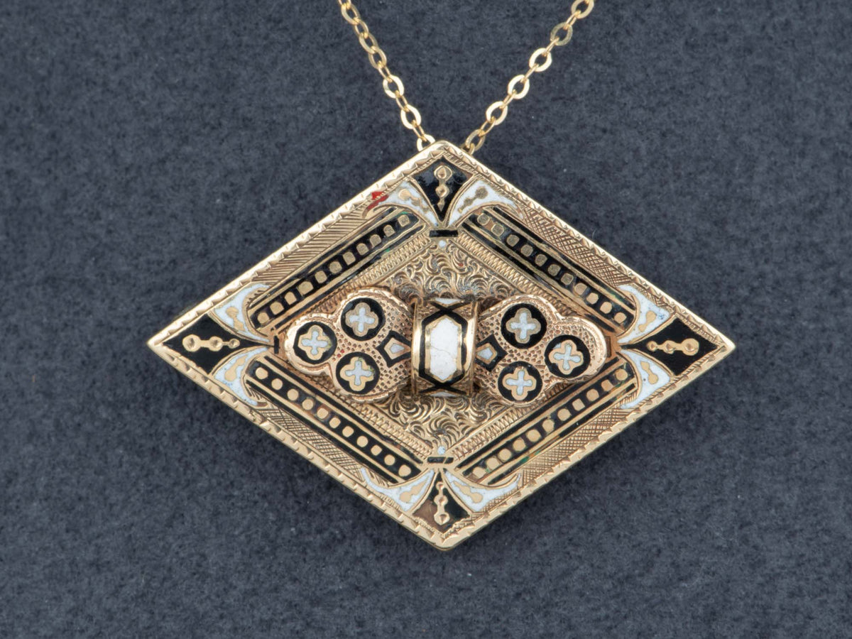 14K Gold Vintage Victorian Black and White Enamel Pin Brooch Pendant Mourning Jewelry Taille d'Epargné V1227 Aurora Designer