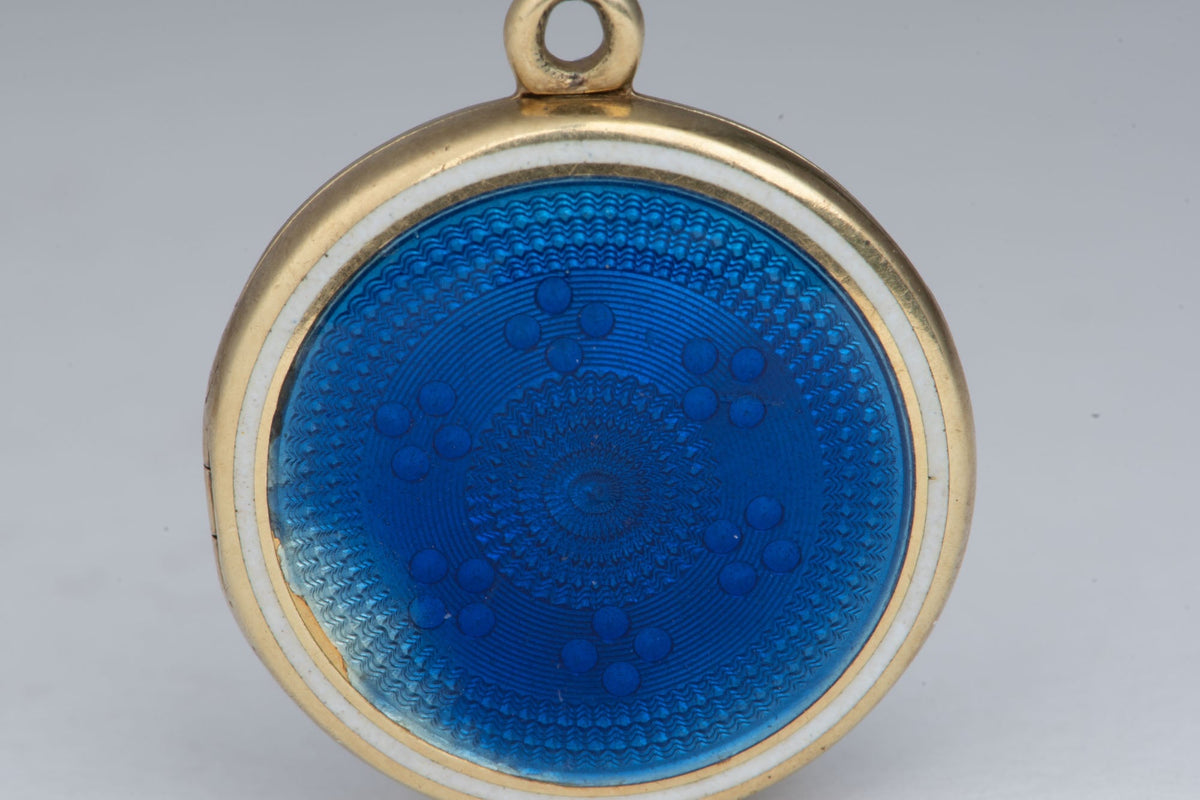 14K Gold Vintage Blue Enamel Locket Pendant Guiloche Guilloché Technique V1229 Aurora Designer