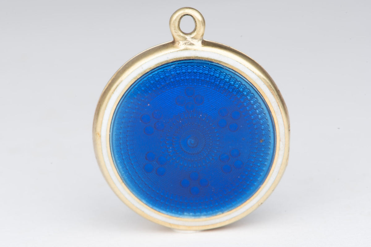 14K Gold Vintage Blue Enamel Locket Pendant Guiloche Guilloché Technique V1229 Aurora Designer