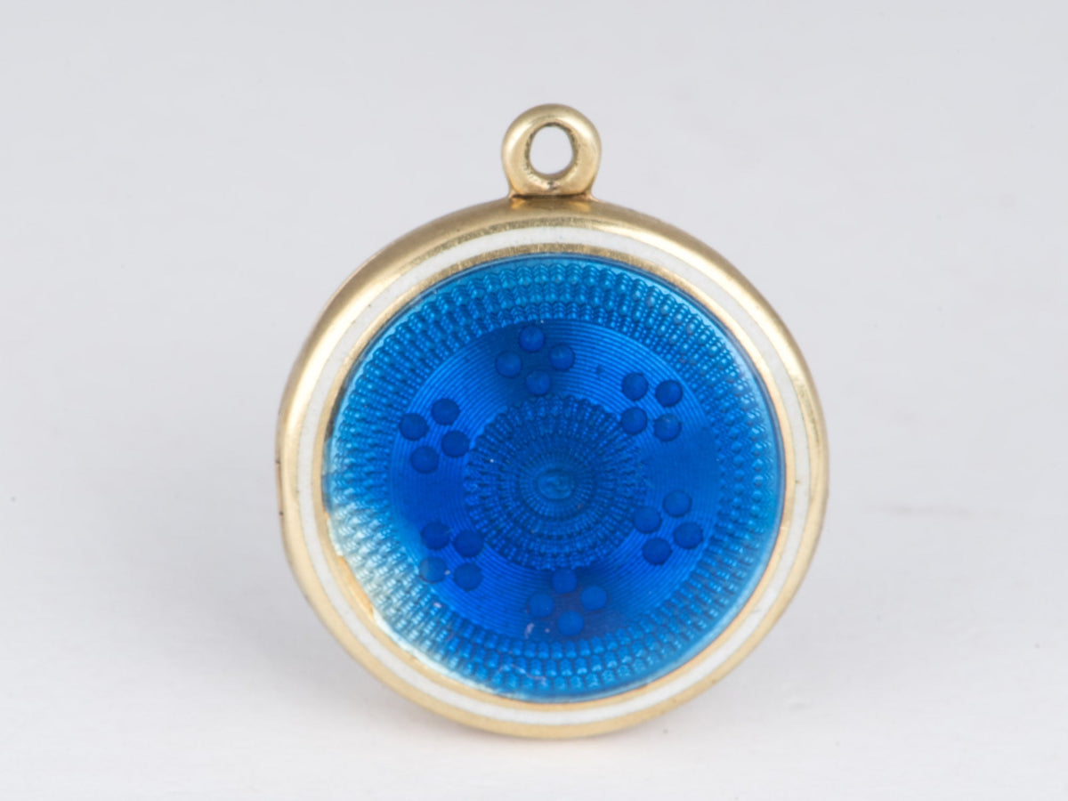 14K Gold Vintage Blue Enamel Locket Pendant Guiloche Guilloché Technique V1229 Aurora Designer