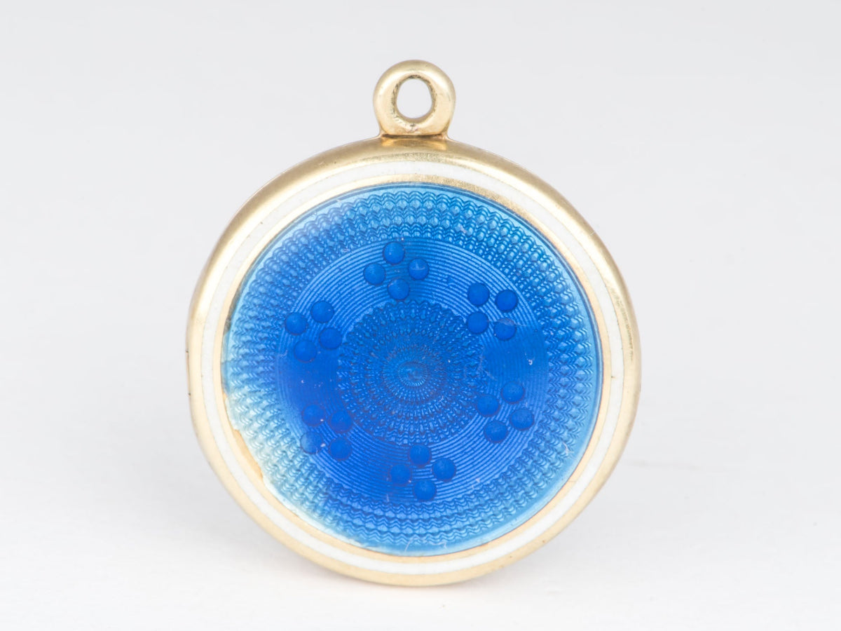 14K Gold Vintage Blue Enamel Locket Pendant Guiloche Guilloché Technique V1229 Aurora Designer