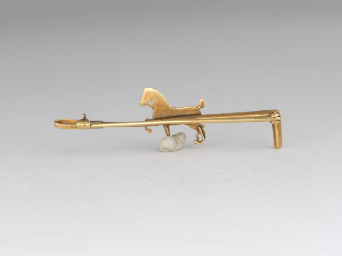 14K Gold Vintage Equestrian Horse on a Polo Stick Pin with Tiny Seed Pearls &amp; White Gold Accent Cravat Brooch V1232 Aurora Designer