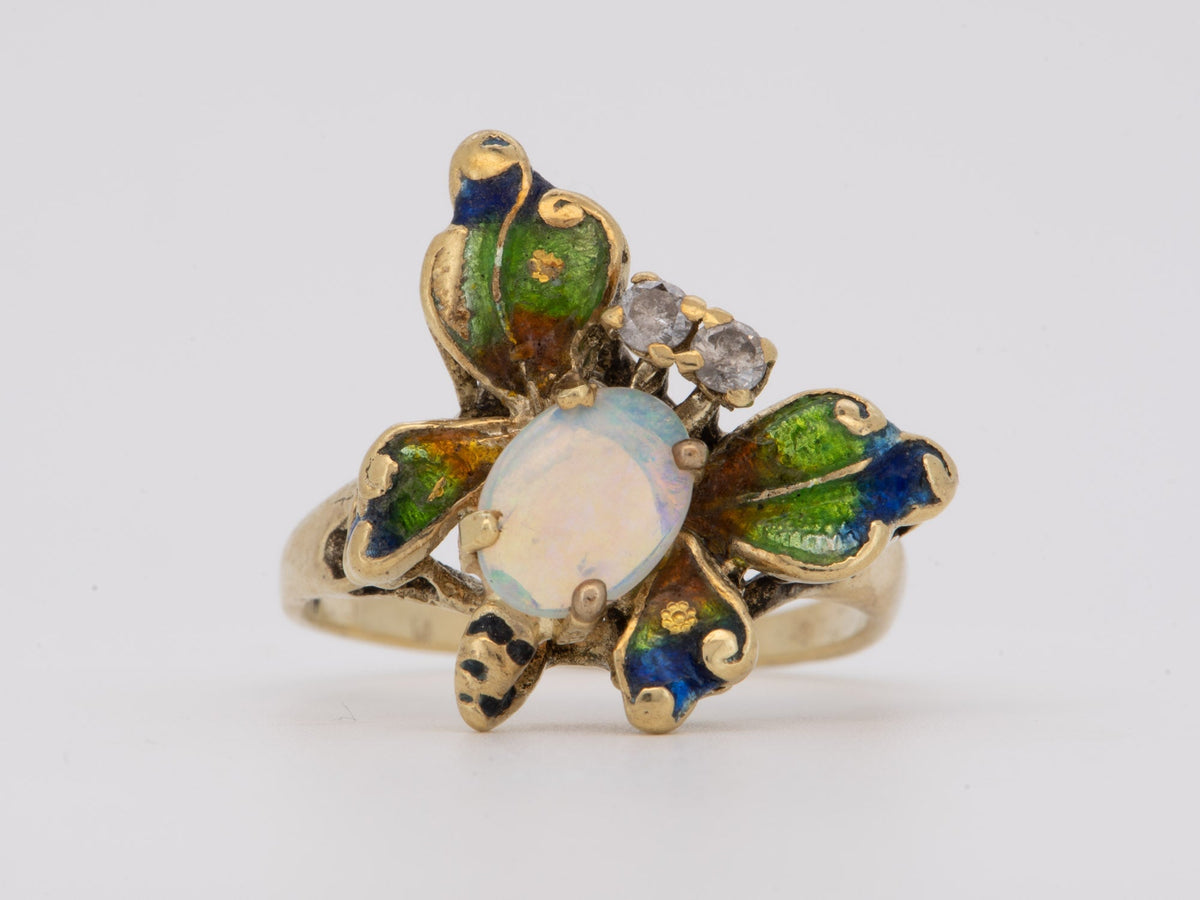 14K Gold Enamel Butterfly Ring with Diamond &amp; Opal Blue Green Bright Colorful Fire V1239 Aurora Designer