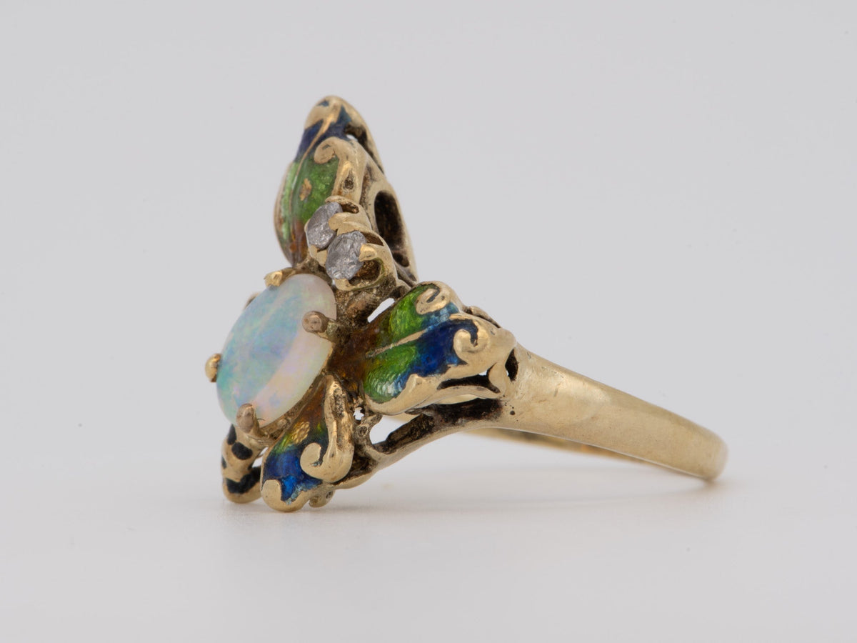 14K Gold Enamel Butterfly Ring with Diamond &amp; Opal Blue Green Bright Colorful Fire V1239 Aurora Designer