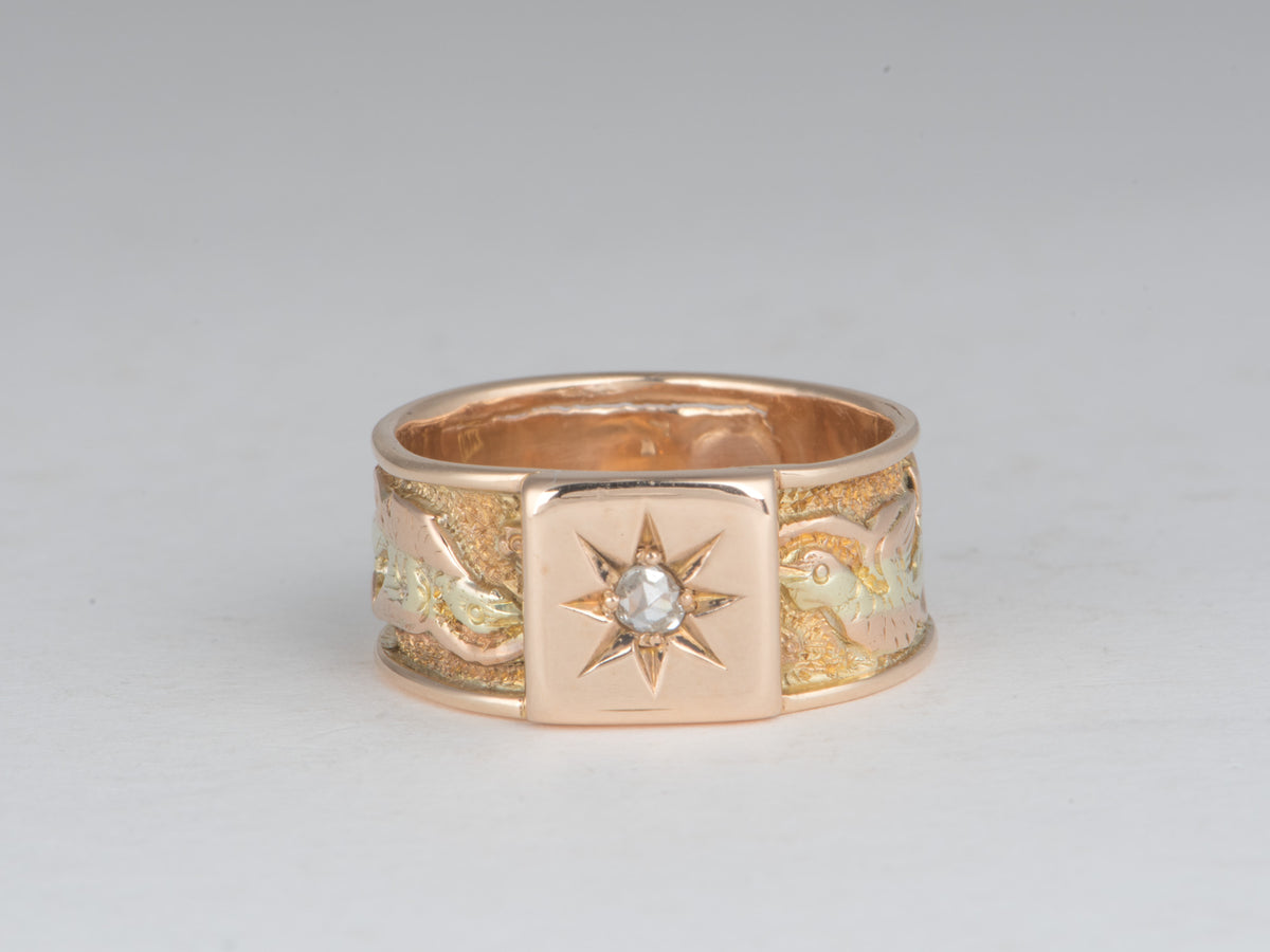 14K Gold Victorian Wide Band Ring with Starburst Set Old Cut Diamond Multi-Tone Yellow and Rose Gold Nature Motif Hand Engraved V1240