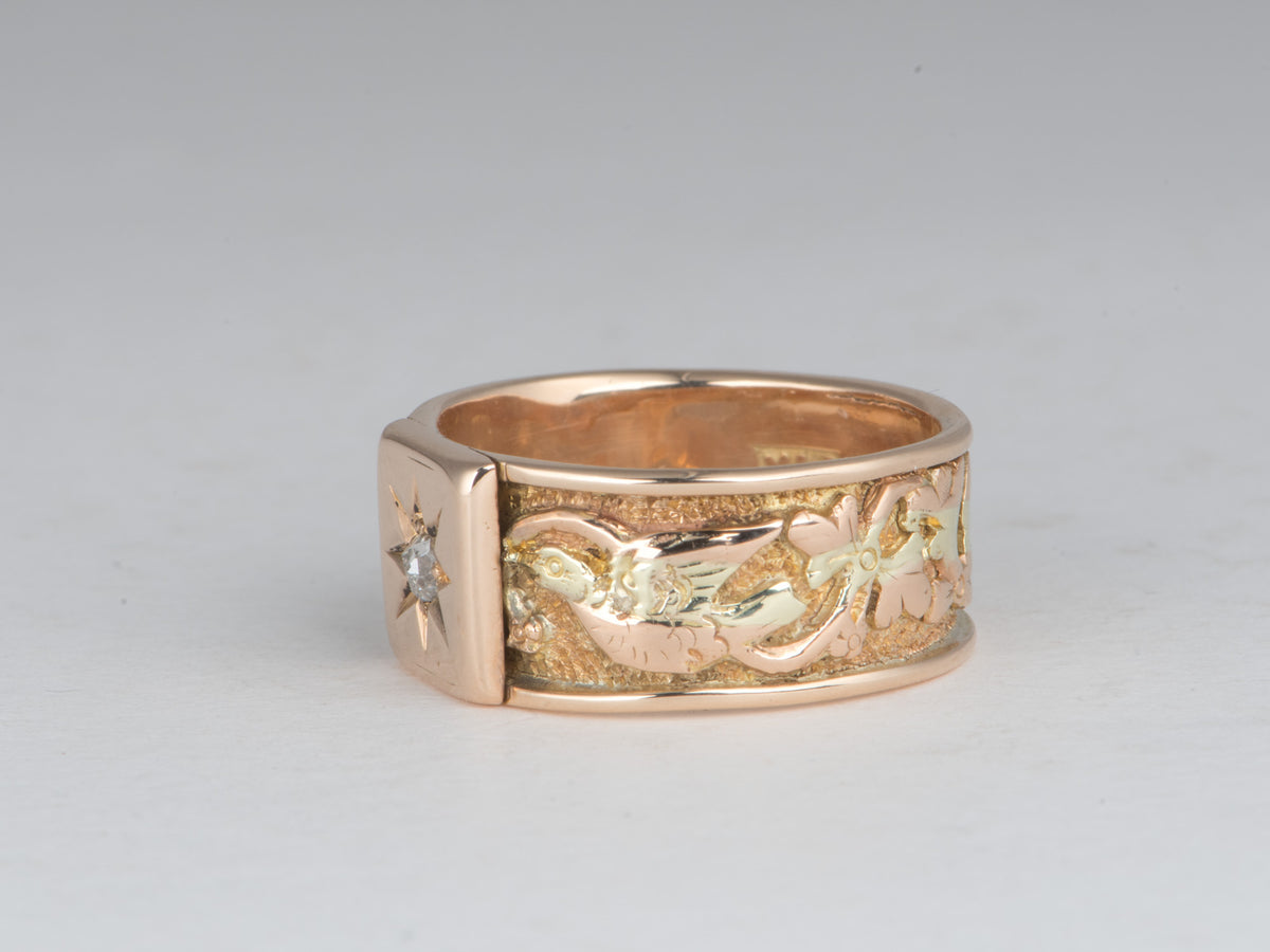 14K Gold Victorian Wide Band Ring with Starburst Set Old Cut Diamond Multi-Tone Yellow and Rose Gold Nature Motif Hand Engraved V1240
