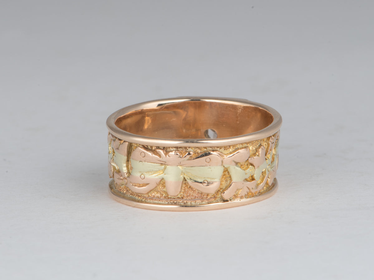14K Gold Victorian Wide Band Ring with Starburst Set Old Cut Diamond Multi-Tone Yellow and Rose Gold Nature Motif Hand Engraved V1240