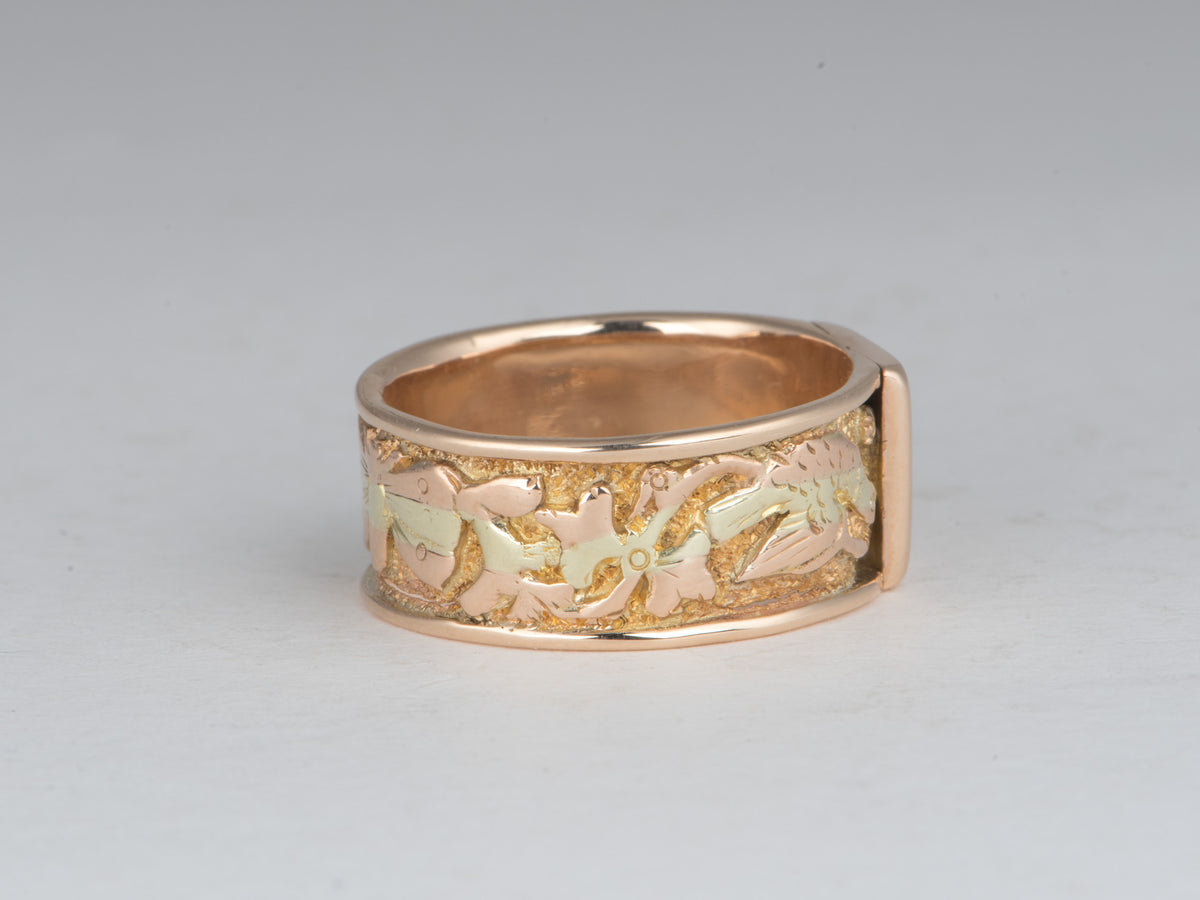 14K Gold Victorian Wide Band Ring with Starburst Set Old Cut Diamond Multi-Tone Yellow and Rose Gold Nature Motif Hand Engraved V1240