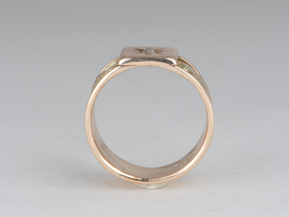 14K Gold Victorian Wide Band Ring with Starburst Set Old Cut Diamond Multi-Tone Yellow and Rose Gold Nature Motif Hand Engraved V1240