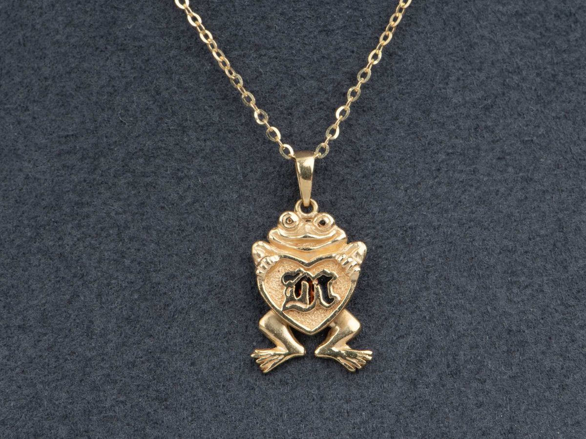 14K Gold Vintage Frog Charm with Dangle Movable Legs Enamel Initial M? Cute Dangling Articulated Jewelry V1241