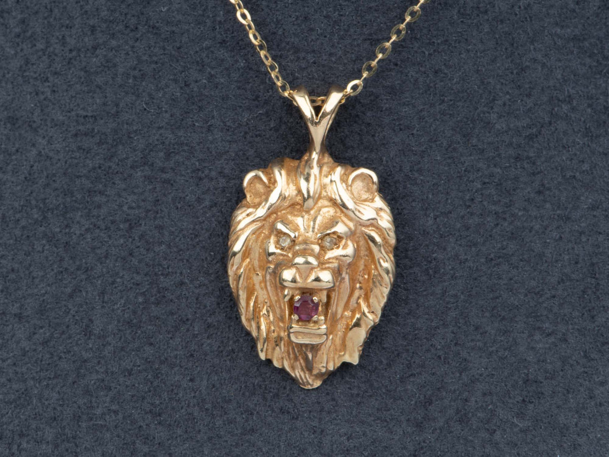 14K Gold Vintage Lion Head Pendant with Ruby in Mouth Diamond Eyes Animal Jewelry V1242