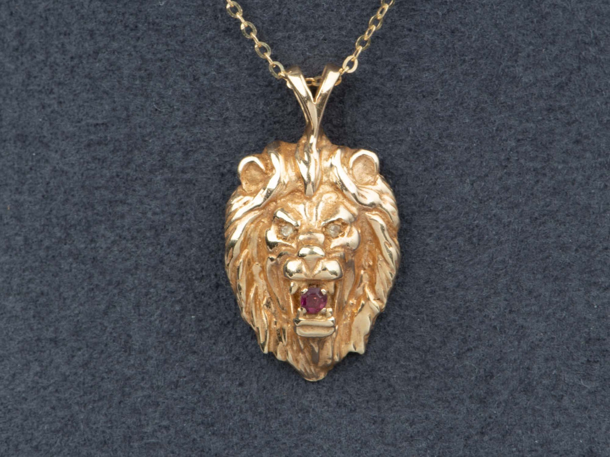 14K Gold Vintage Lion Head Pendant with Ruby in Mouth Diamond Eyes Animal Jewelry V1242