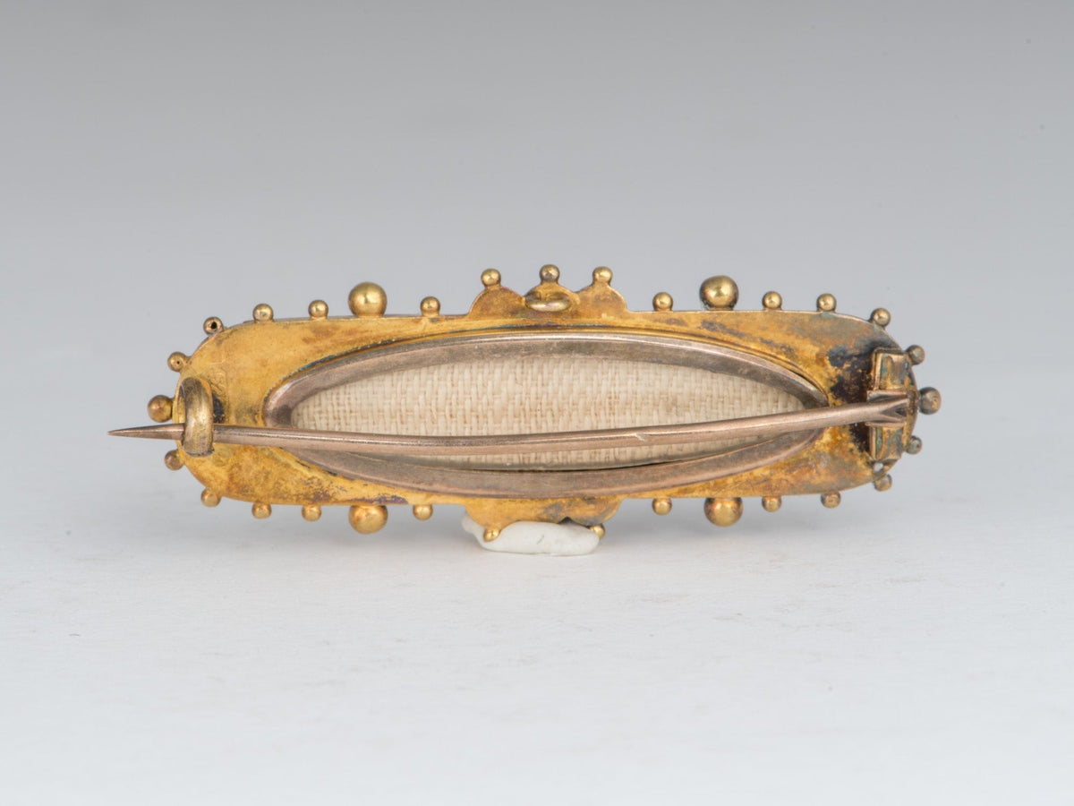 14K Gold Victorian Etruscan Design Brooch Pin with Glass Back Compartment for Hair Vintage Mourning Jewelry V1243
