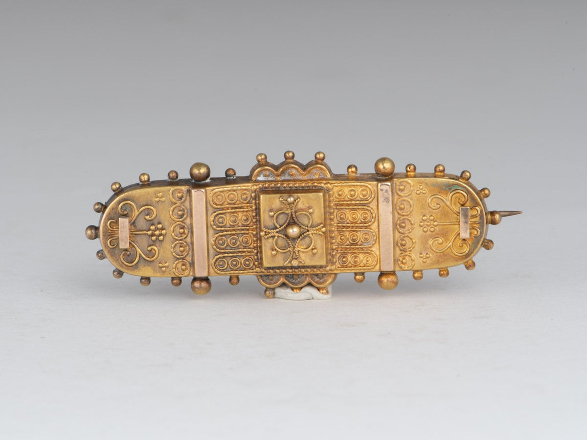 14K Gold Victorian Etruscan Design Brooch Pin with Glass Back Compartment for Hair Vintage Mourning Jewelry V1243