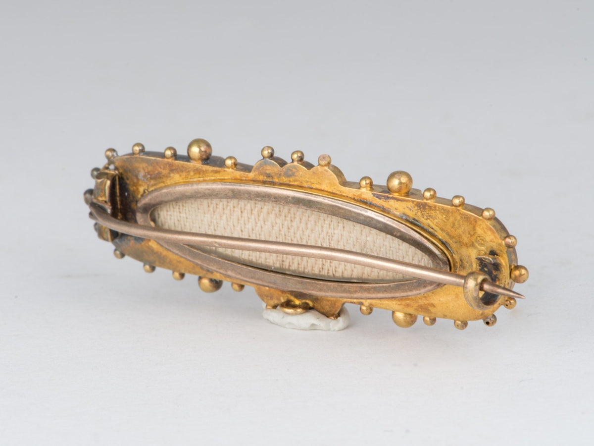 14K Gold Victorian Etruscan Design Brooch Pin with Glass Back Compartment for Hair Vintage Mourning Jewelry V1243