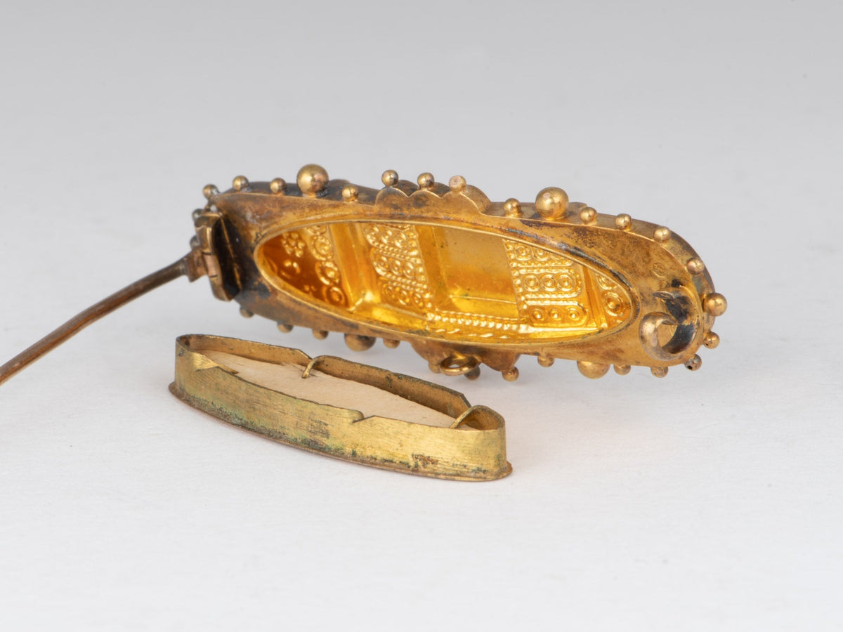 14K Gold Victorian Etruscan Design Brooch Pin with Glass Back Compartment for Hair Vintage Mourning Jewelry V1243