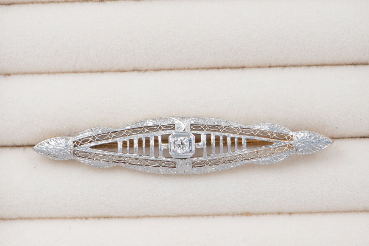 14K Yellow Gold Platinum Plating Art Deco Pin with Old Cut Diamond Center Filigree Elongated Shape V1245