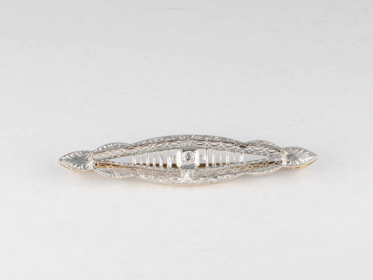 14K Yellow Gold Platinum Plating Art Deco Pin with Old Cut Diamond Center Filigree Elongated Shape V1245