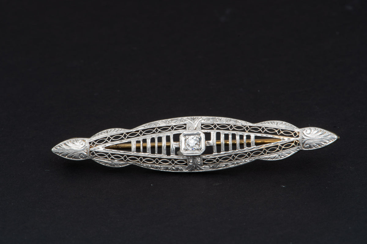 14K Yellow Gold Platinum Plating Art Deco Pin with Old Cut Diamond Center Filigree Elongated Shape V1245