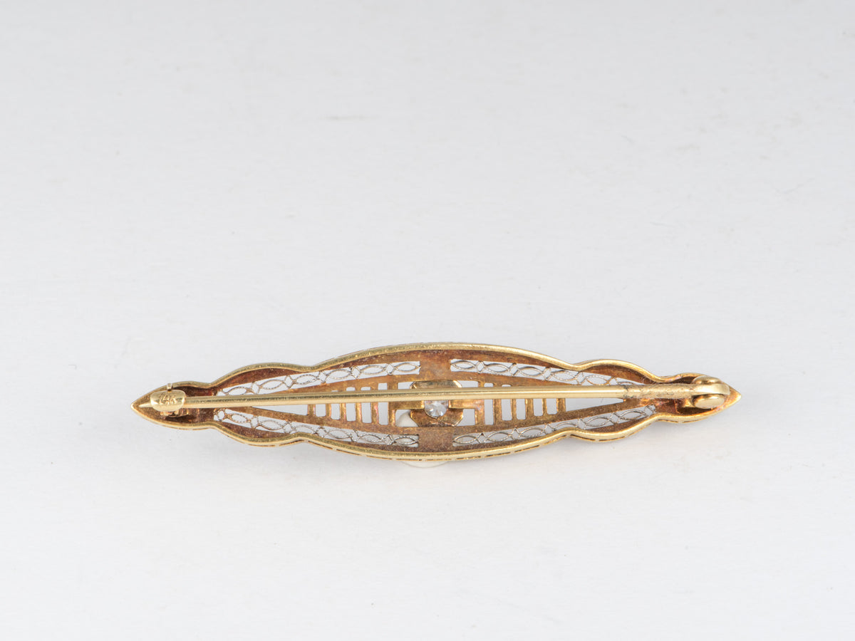 14K Yellow Gold Platinum Plating Art Deco Pin with Old Cut Diamond Center Filigree Elongated Shape V1245