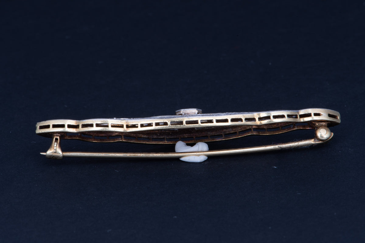 14K Yellow Gold Platinum Plating Art Deco Pin with Old Cut Diamond Center Filigree Elongated Shape V1245
