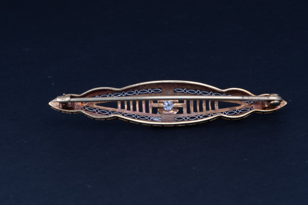 14K Yellow Gold Platinum Plating Art Deco Pin with Old Cut Diamond Center Filigree Elongated Shape V1245
